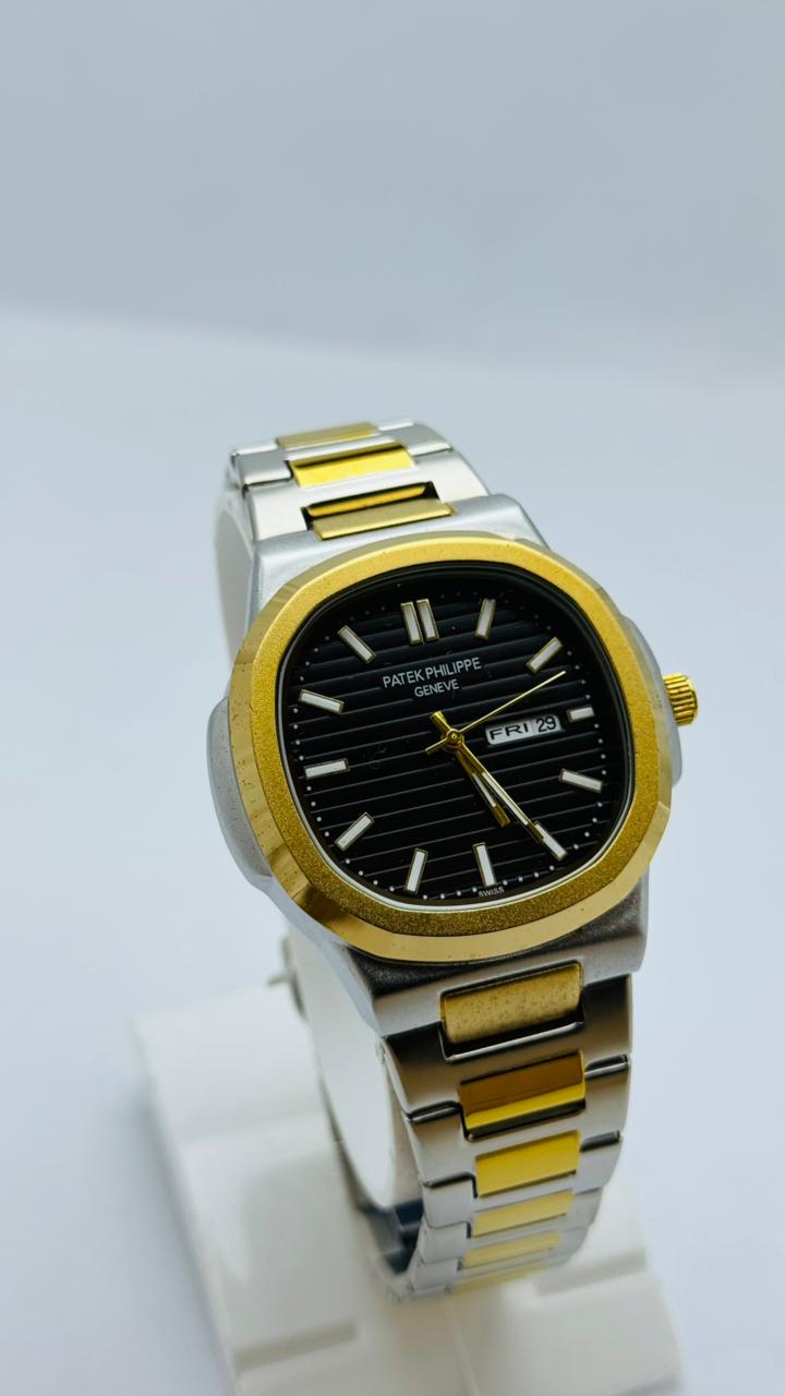 Patak Philippe Luxury Two-Tone Gold & Silver Watch with Black Dial – Day & Date Display